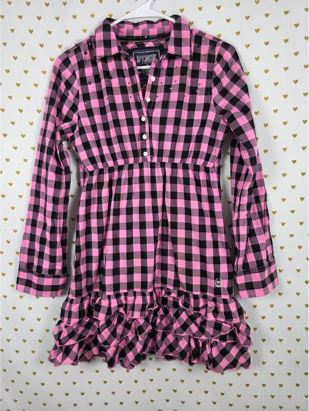 Victoria's Secret PINK Plaid Ruffle Shirt Dress S/P Pink Black BLING Rhinestone